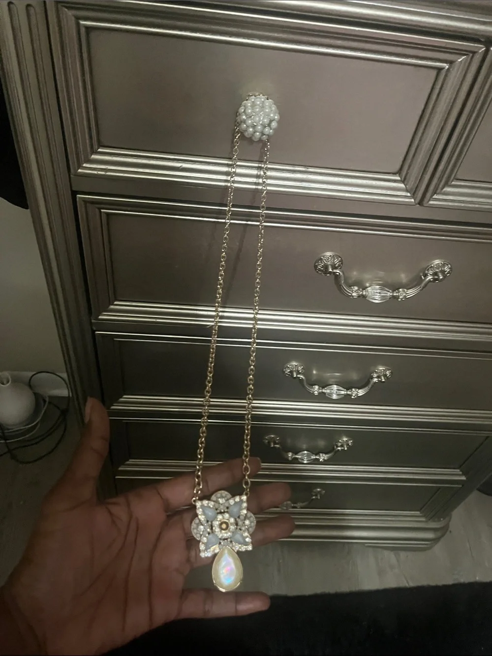Pearl & Crystal Flower Pendant Necklace in Gold